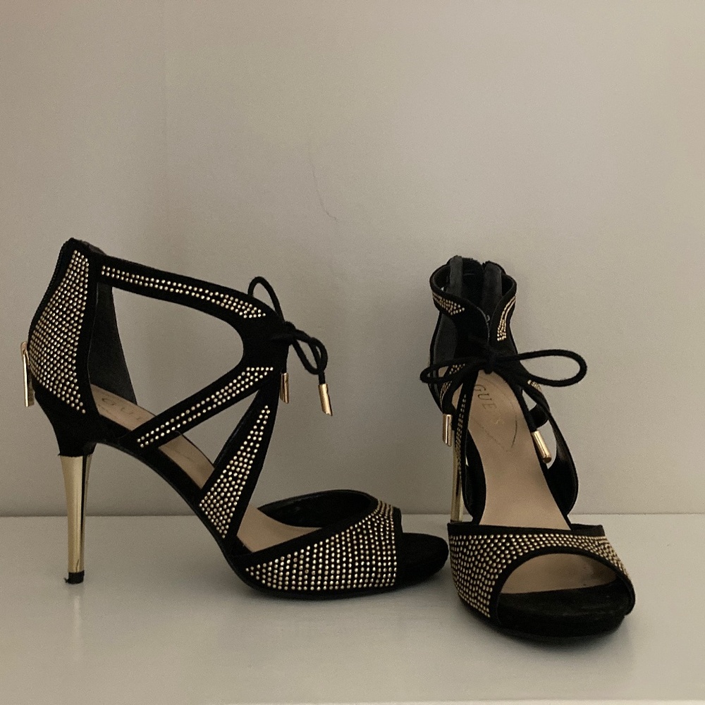 Guess Gold Studded Lace-Tie Heels - Size 8